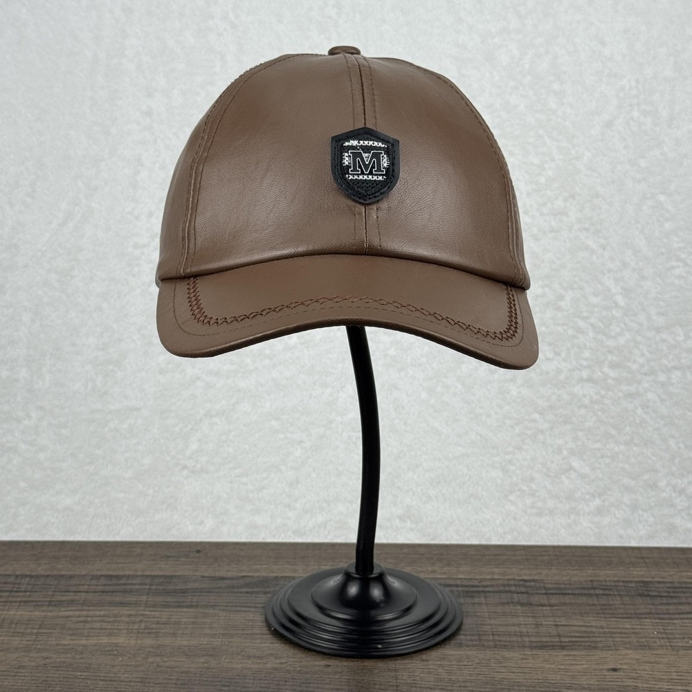 M Hat Cap Strap Back Brown Faux Leather Patch Mens‎ Classic Casual Adjustable